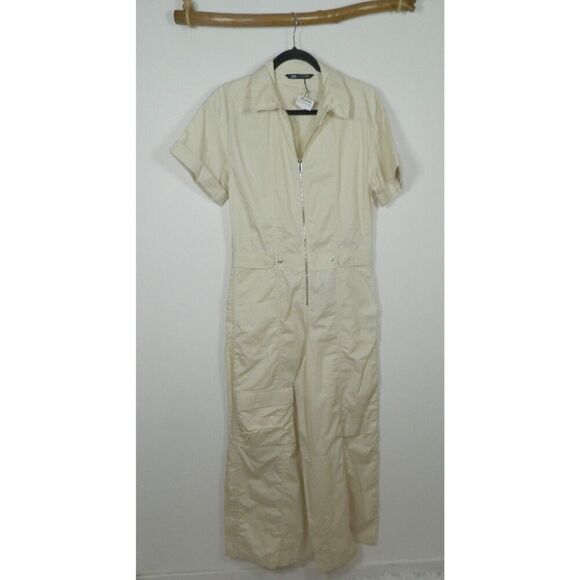 Zara Jumpsuit Size Small Beige Relaxed Fit Wide Leg Cargo Pocket Zipper Front - Picture 5 of 16